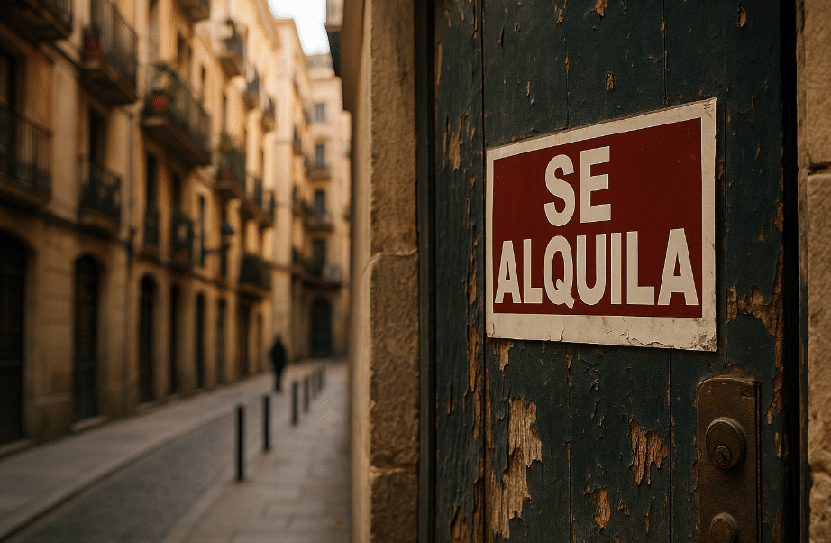 Pancarte Se Alquila sur une porte abîmée dans une ruelle de Barcelone, symbolisant les risques de location et les arnaques à éviter