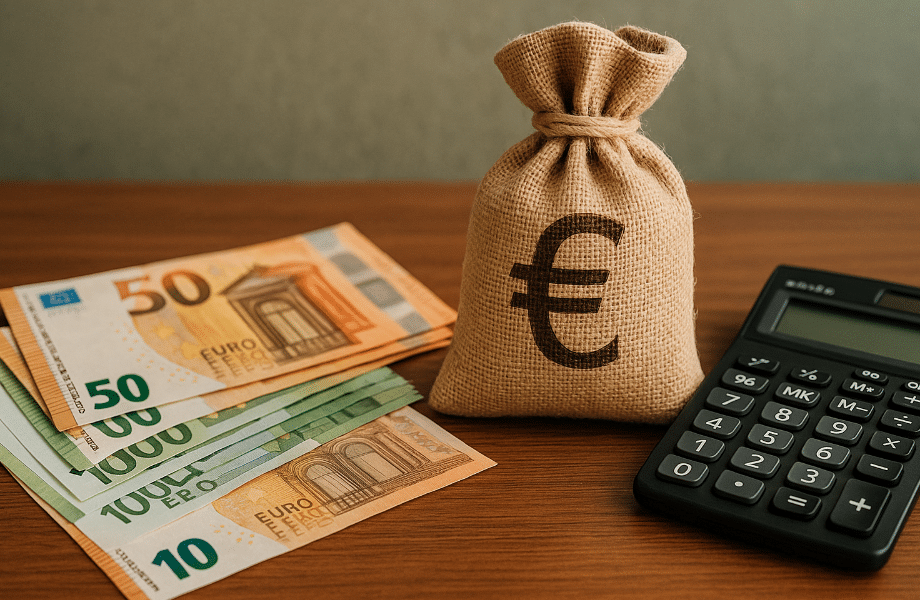 Billets en euros, sac en toile avec symbole €, et calculatrice sur une table en bois, symbolisant le financement bancaire en Espagne.
