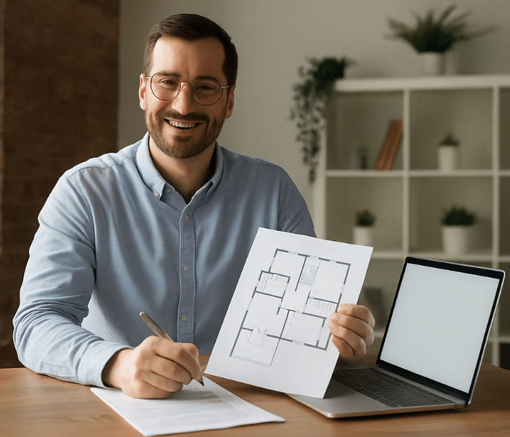 Homme souriant tenant un plan d’appartement à côté d’un ordinateur portable, représentant le métier de chasseur immobilier en Espagne.